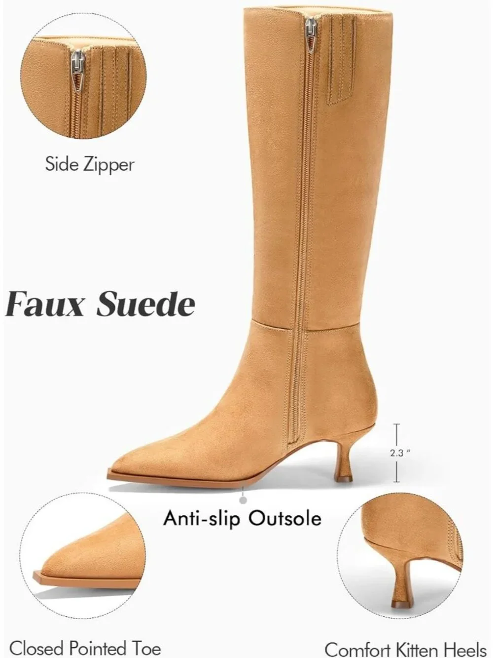 Women's Khaki Knee High Boots Kitten Low Heel Pointed Toe Tall Boots Side Zip